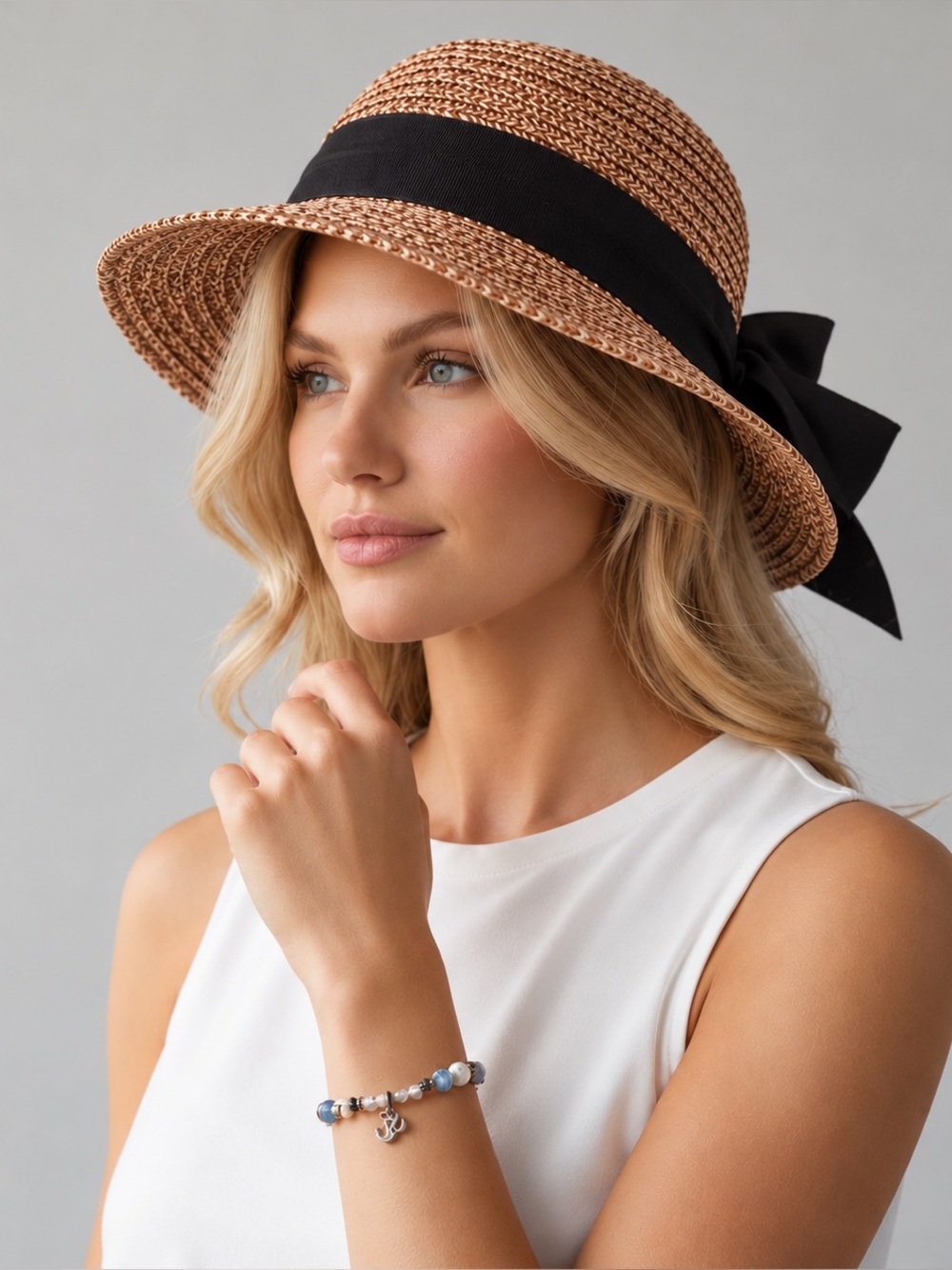 Milani Wide Brim Straw Sun Hat Brown Black Bow 100% Straw